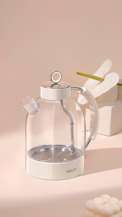 ASCOT Electric Kettle, Glass Electric Tea Kettle Gifts for Men/Women/Family 1.5L 1500W Borosilicate Glass Tea Heater, with Auto Shut-Off and Boil-Dry Protection (Polar White)