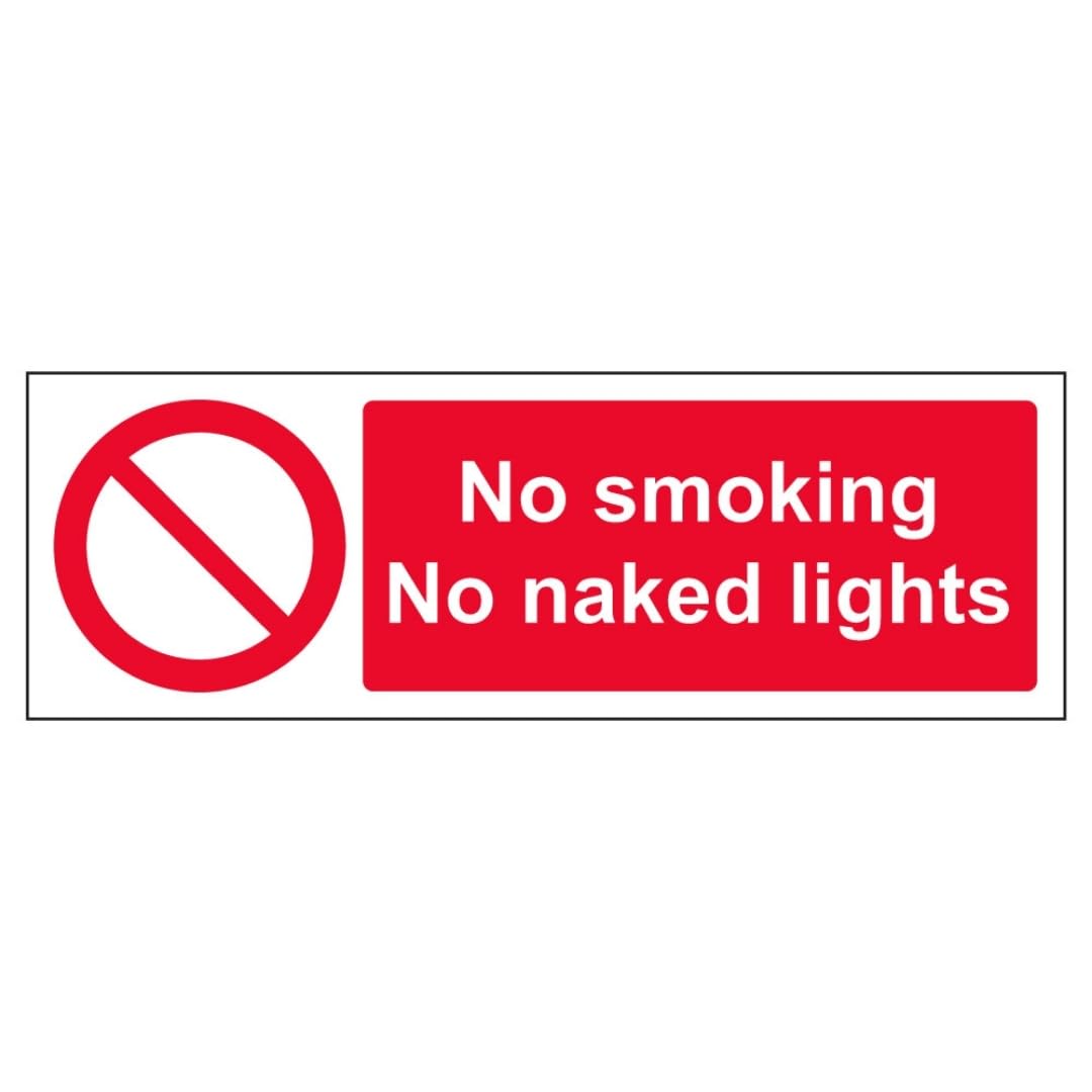 V Safety No Smoking/No Naked Lights - Landscape 600 x 200 mm - Glow In The Dark 1mm Rigid Plastic Safety Sign