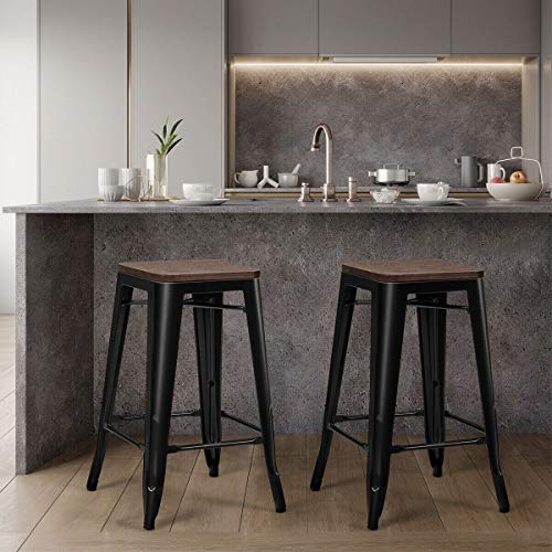 Costway 26 Inch Metal Bar Stool Set Of 4, Counter Height Backless Stool With Wooden Seat, Solid Iron Legs With Footrest, Industrial Stackable Bar Stool For Dining Room, Living Room, Kitchen, Black (4) #TOP2