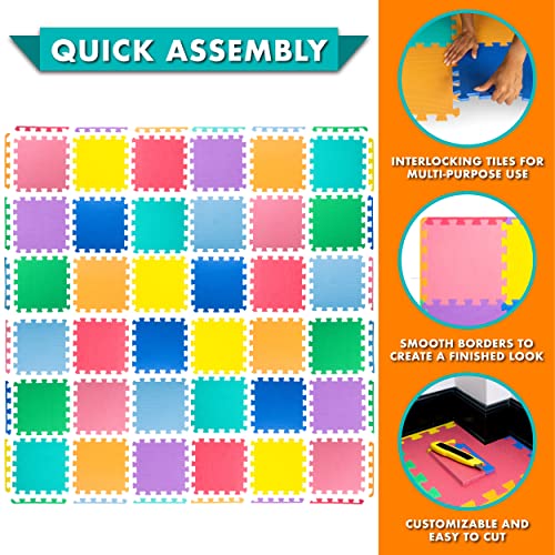 Image of ProSource Baby Play Mat, Soft Foam Floor Tiles for Kids, Interlocking EVA Panels for Playpen Use, Crawling Development Surface, Safe Non-Toxic Toddler Flooring, 36 Tiles, Multicolor
