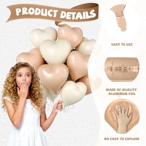 Image of Cream Apricot Heart Balloons, 10 Pcs Beige White Caramel Foil Heart Shaped Balloon, 18 Inch Nude Neutral Balloons Helium for Engagement, Brithday, Baby Shower, Wedding, Valentines Party Decorations