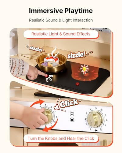 Image of VEVOR Play Kitchen for Kids, Wooden, Kids Kitchen Playset with Realistic Lights & Sounds, Food & Cookware, Modern Style Pretend Play Toy Set, Ice Maker, Microwave, for Toddlers, Girls & Boys Ages 3-8