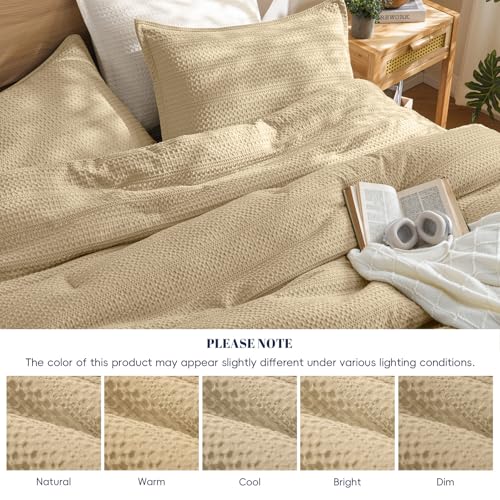 Image of PHF Soft Waffle Comforter Set King Size- Comfy Breathable Waffle Weave Comforter with 2 Pillow Shams, 3 Pieces Less Snagging Lightweight Textured Bedding Set for All Season, Light Khaki