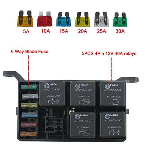 Iztor Universal 6 Way Blade Fuse Holder Box with Spade Terminals and Fuse,5PCS 4Pin 12V 40A relays for car Truck Trailer and Boat - Thumbnail 3