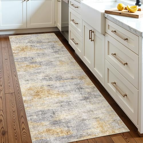 2x5 Runner Rug Washable Abstract: Non Slip Kitchen Floor Mat Grey/Yellow