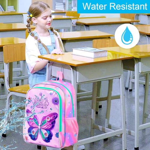 Image of CCJPX 3Pcs Butterfly Backpack, 16 inch Kids Girls Bookbag with Lunch Box, Water Resistant Elementary School Bag for Kindergarten Preschool Toddler (Pink)