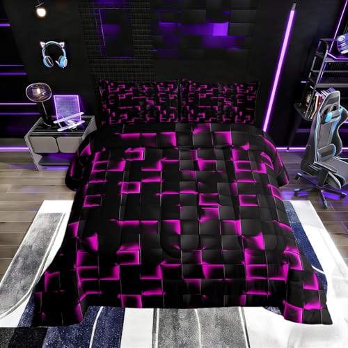 Image of Erosebridal Neon Black Purple Comforter Set King Violet Geometric Checkered Bedding Set for Kids Teen Adults Gaming Room Decor,Abstract Ombre Plaid Comforter Grids Quilt Duvet