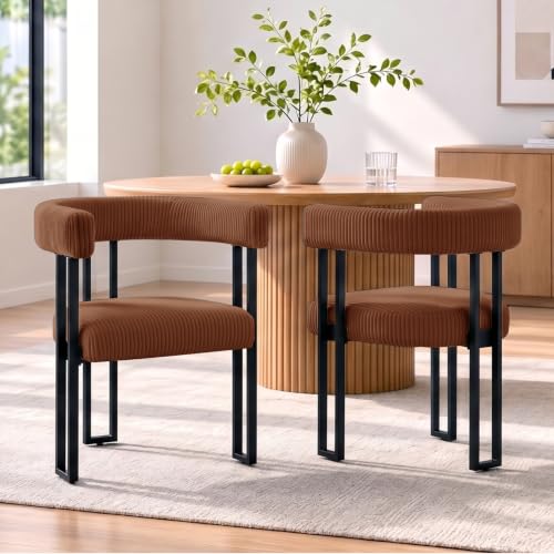 Image of Modern Corduroy Dining Chairs Set of 2 with Metal Legs,Comfy Accent Dining Room Chairs Upholstered Kitchen Side Chairs with Curved Backrest for Dining Room Kitchen Living Room (Coffee,2)
