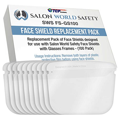 TCP Global Salon World Safety Replacement Face Shields Only (10 Packs of 10), Glasses Frames Not Included  Fits Most Brands, Ultra Clear, Full Face, Protect Eyes Nose Mouth, Anti-Fog PET Plastic