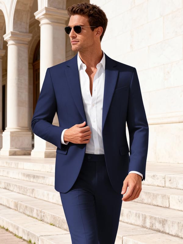 Image of MAGE MALE Mens 2 Piece Suit Slim Fit Solid Wedding Prom Tuxedo Suit with One Button Notch Lapel Blazer and Pants