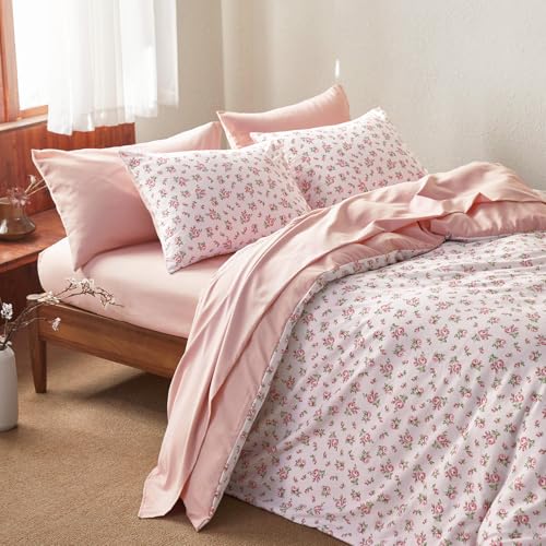 Image of Wake In Cloud - Queen Size Comforter Set, 3-Piece, Floral Shabby Chic Coquette Cottagecore Flower Light Blush Pink Green, Soft Lightweight Bedding for Women Girls