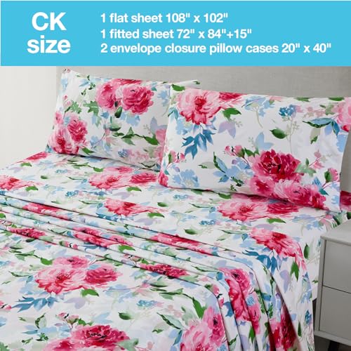 Image of JSD Watercolor Rose Floral Printed Sheet Set Cal King | 4 Piece Soft Botanical Microfiber Sheets, OEKO-TEX Certified, Easy Care