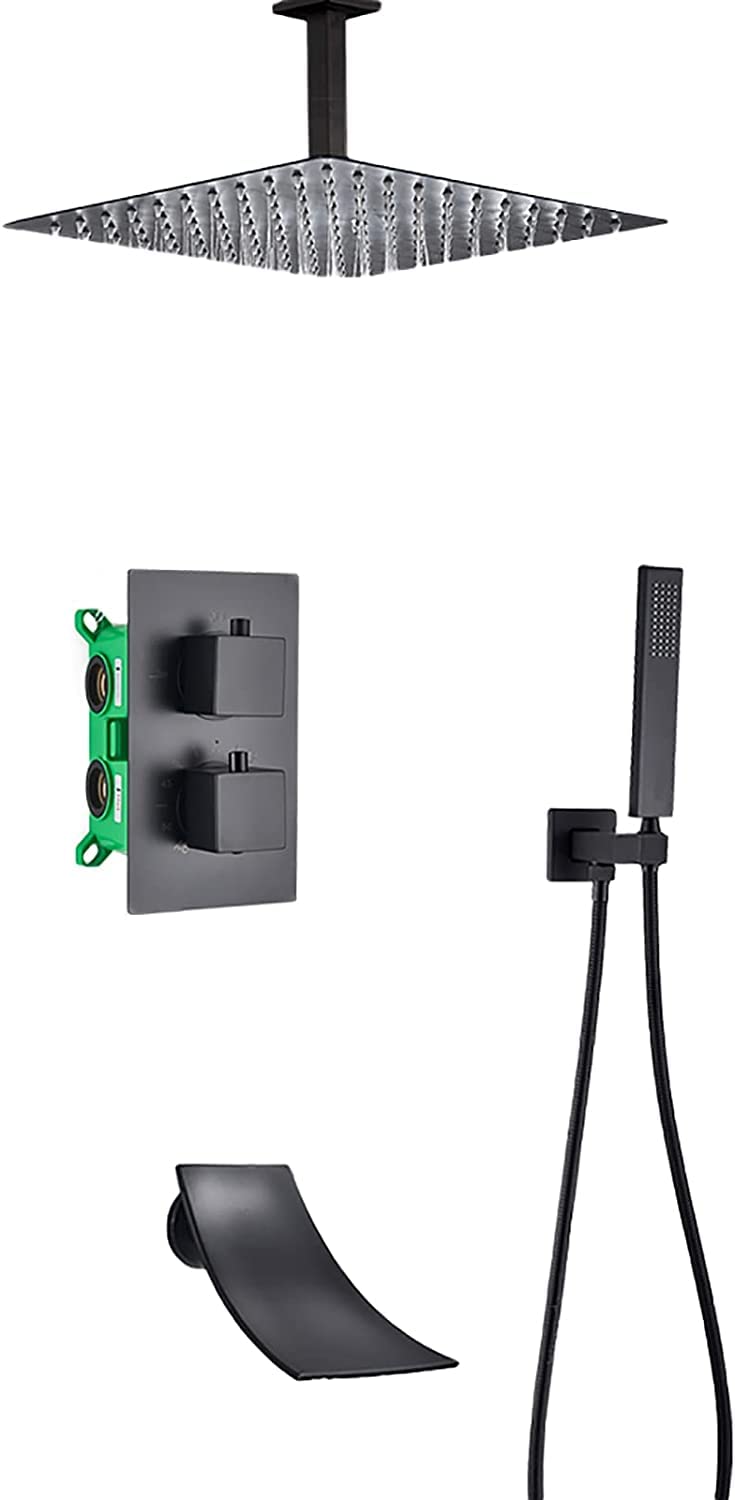 OZBMA Thermostatic Shower System with Waterfall Tub Spout Black Faucet Set Ceiling Mounted Square Rainfall Head Handheld Rain Mixer Combo Set, (A 12 tum)