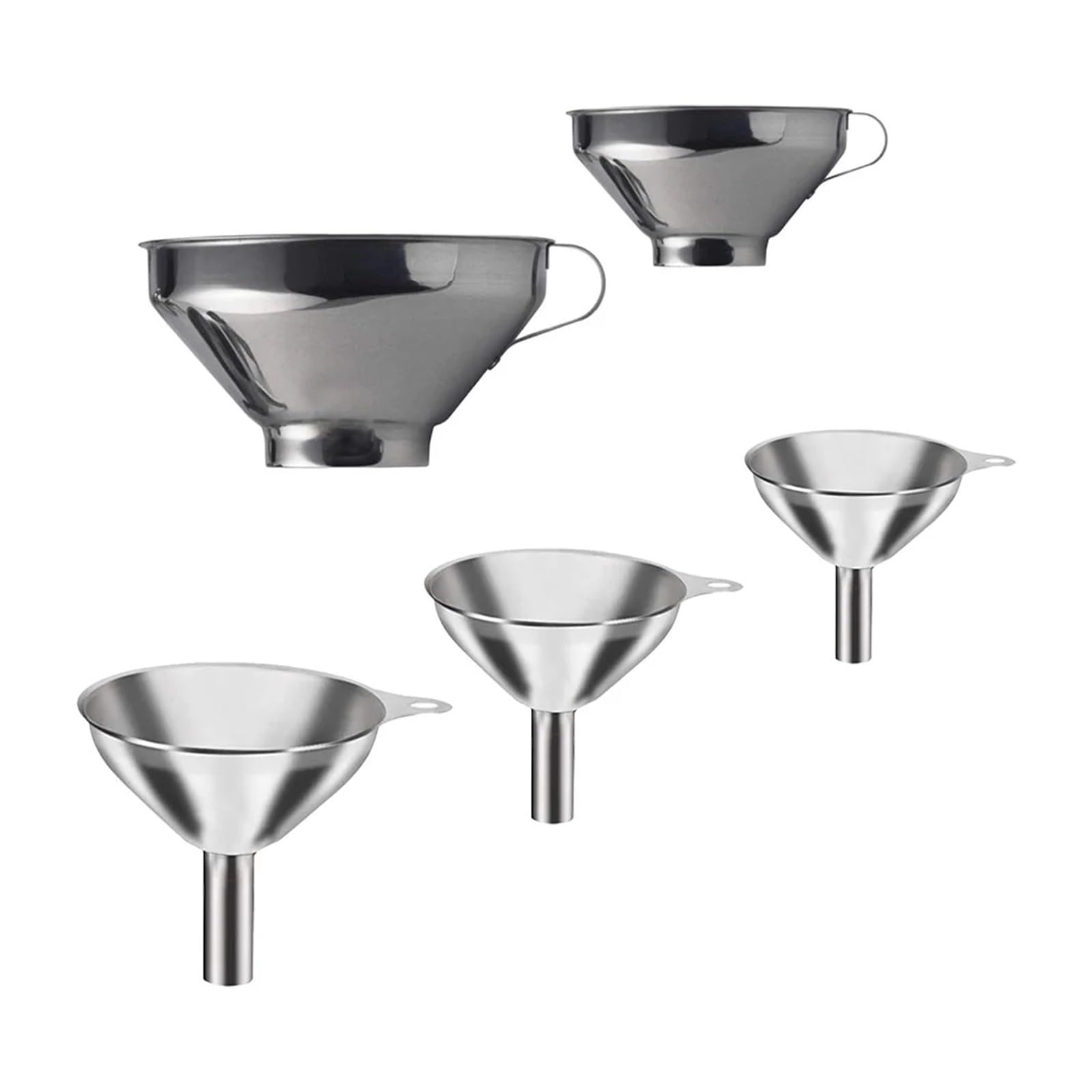Embudo de acero inoxidable Paquete de 5 embudos de acero inoxidable plateados de varios tamaños, accesorios de cocina