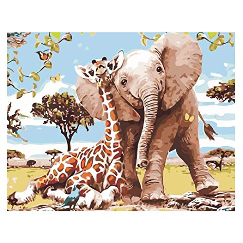 Pintar por números para Adultos Animales Jirafa y Elephante - Lienzos para Pintar por números con Pinceles y Colores Brillantes - Lienzo con numeros Dibujados para Adultos - Sin Marco Cover