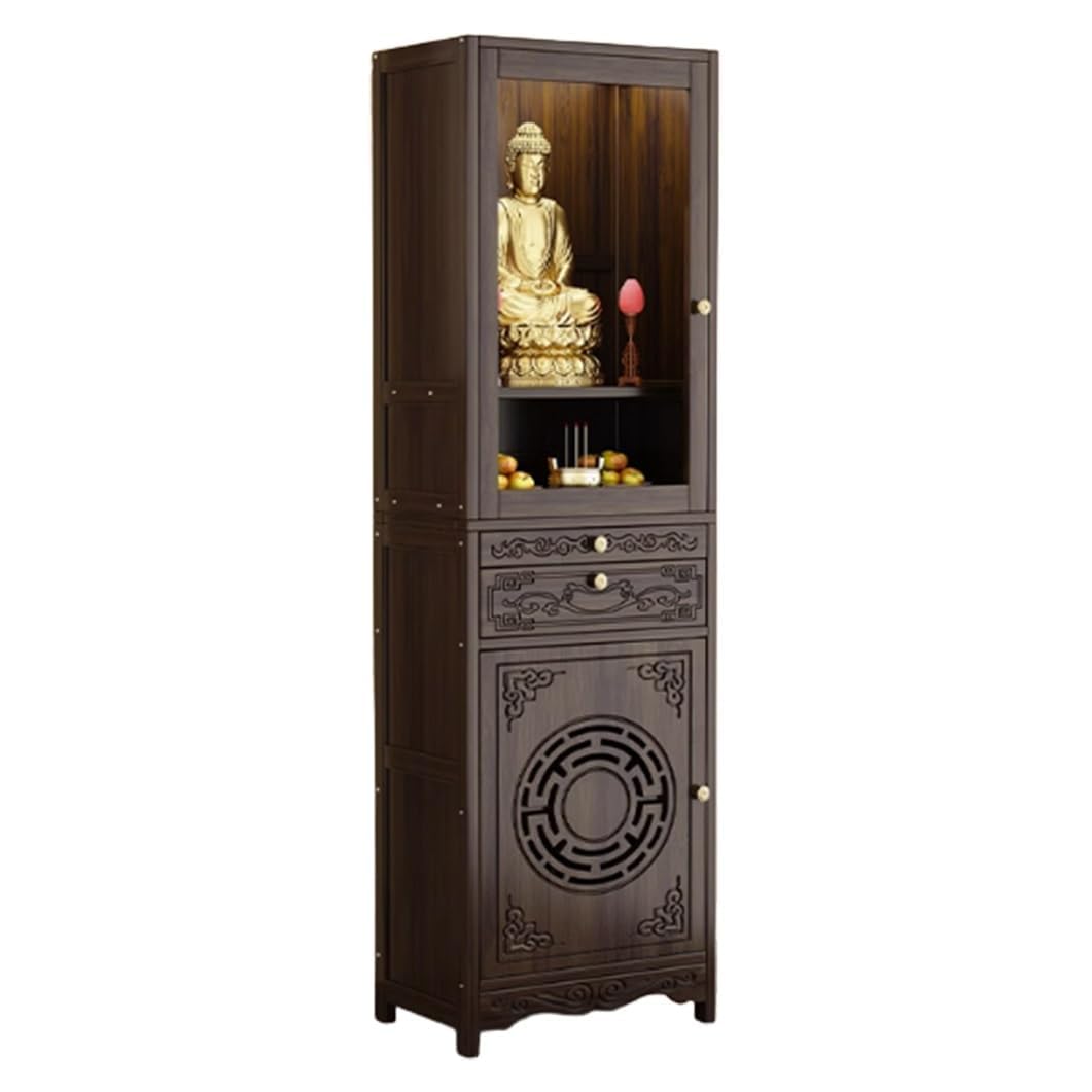 NHPJFDC Chinese Bamboo Buddha Niche Altar Cabinet, Bamboo Shrine Altar Table with Drawer, Personal Meditation Table Buddhist Altar Shrine Prayer Stand (35x37x174cm/13.8"x14.6"x68.5")