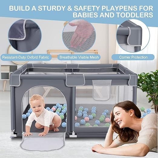 Image of Baby Playpen with Balls - Portable Play Yard with Mesh Panels for Safety & Visibility, Indoor /Outdoor Toddler Activity Fence for Boys & Girls (Gray)