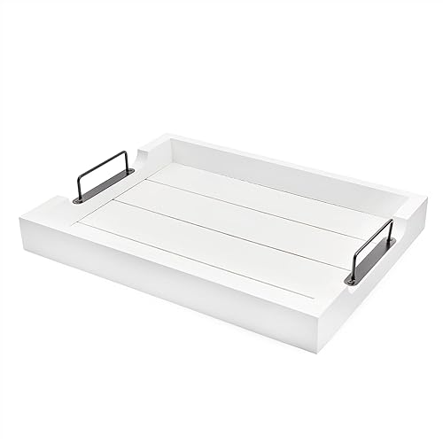 AuldHome - Bandeja de madera rústica bandeja otomana decorativa de madera blanca con asas de metal negras, 16.75 x 12.75 pulgadas