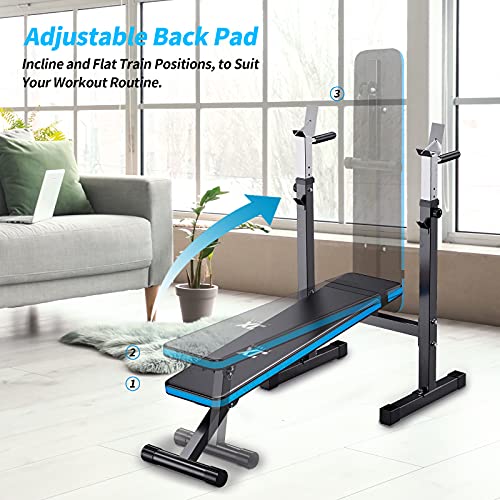 JX FITNESS Adjustable Weight Bench with Barbell Rack Folding, Weight Lifting Bench with Dip Station for Home Gym, Strength Training Multiuse Workout Bench