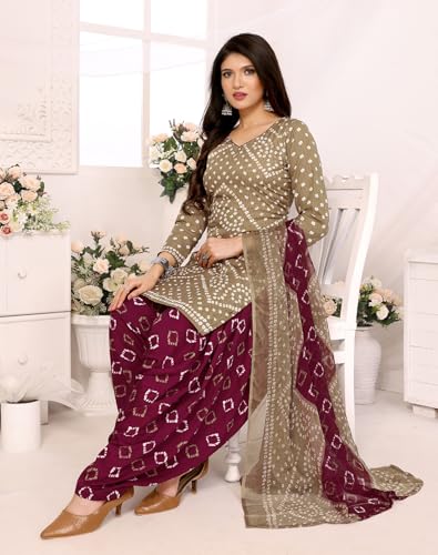 Image of Yashika Women's Printed Dress Material - Unstitched Crepe Fabric Kurti, Pants & Dupatta Set (AZ-YS-P4-HIRAL BANDHANI)
