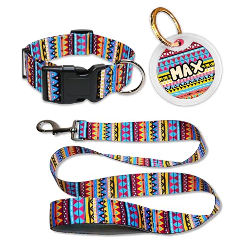Image of Pawsindia Nylon Leash and Collar with Name Tag for Dogs, Ethnic Print with 1.5 Inches Width Adjustable Collar and 4 Feet Heavy Duty Leash with Customize Nametag