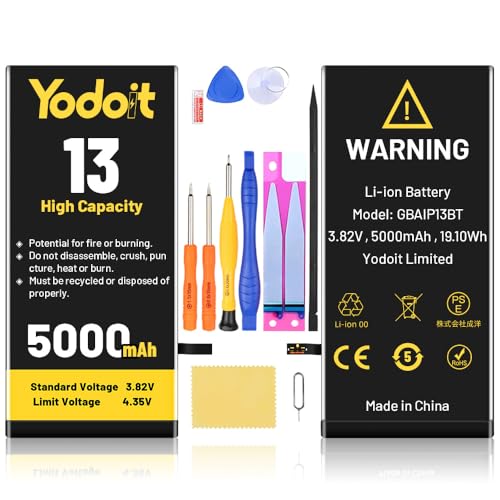 Yodoit Batería de para iPhone 13 batería de 5000mAh Repuesto de Alta Capacidad Mejorada de 0 ciclos para iPhone 13, Kits de Herramientas de reparación Completa Dentro