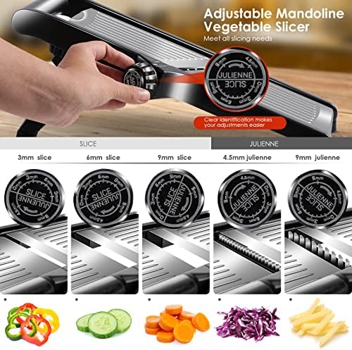Myiosus Mandoline Vegetable Slicer, 3 in 1 Stainless Steel Mandolin Slicer Adjustable Food Julienne Slicer Cutter for Potato, Onion, Fruit, Send Safety Gloves and Cleaning Brush