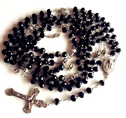 elegantmedical HANDMADEsilver skull & black Fifteen 15 Decade rosary cross crucifix Catholic Necklace Box3