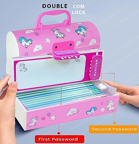Image of LONGMIRE Plastic Pencil Box with Code Lock Pen Case Large Capacity Multi-Layer Multi-Function Storage Bag Secret Compartment Pencil Box for Kids- Multi-Color (Cute Pink)