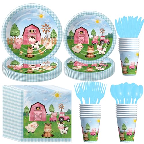 Xigejob Farm Birthday Decorations Tableware, Blue Farm House Animal Barnyard