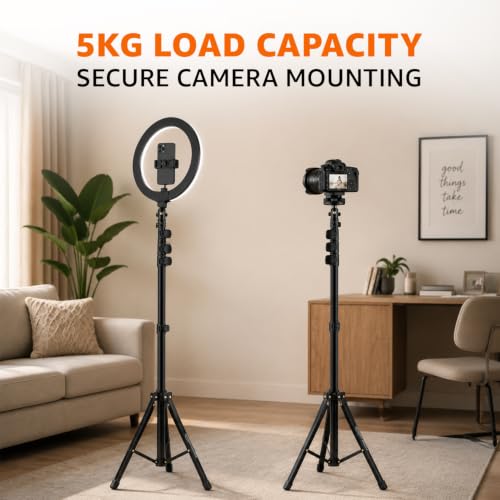 Image of Amazon Basics 61 Inch (156CM) 1.5M Tripod Stand with Mobile Phone Holder - Versatile Stand for Ring Lights, Cameras, and Mobile Phones. Ideal for Video Recording, Video Shooting, and Lighting Setup.