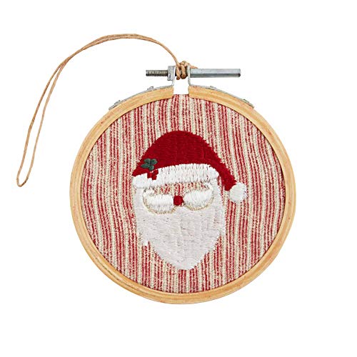 Mud Pie Embroidery Hoop Ornament (Santa), White, 3 3/4" Dia - image 1