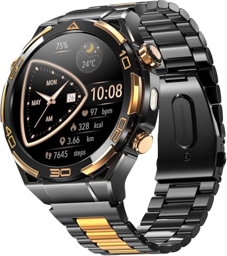 IOWODO Smartwatch Flagship - Detalhes em Ouro 14K, GPS, Bússola, Chamadas Bluetooth, AI com ChatGPT, 100+ Modos Esportivos, Monitor de Passos/Calorias - Android/iOS