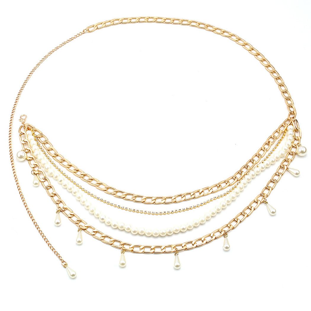Women‘s Gold Layered Pearl Chain Belt Waist Chain Body Jewelry for Dresses Jeans Western Outfits-image-5