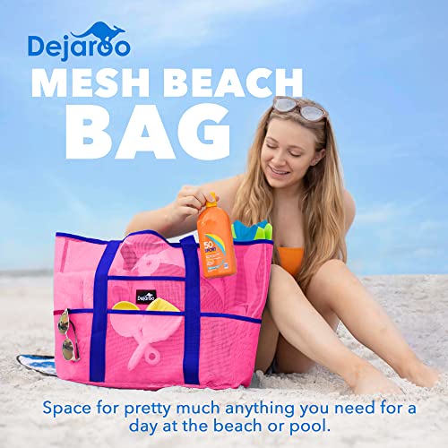 Dejaroo - Mesh Beach Bag, Lightweight Mesh Tote Bag With 8 Pockets For Vacation Essentials, Foldable Beach Bag For Travel, Beach Travel Essentials, 16.5 X 8.5 X 15 Inches, Pink With Blue Straps #TOP1