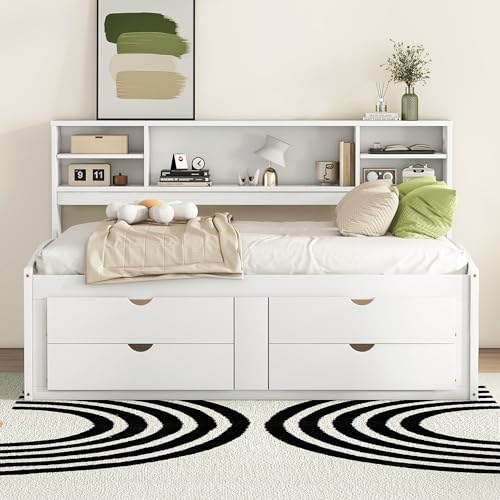BOVZA-Full-Size-Wood-Captain-Bed-with-Storage-Drawers-and-Bookcase-Headboard-Wooden-Full-Daybed-Frame-with-2-Bedside-Cabinets-and-Upper-Shelves-for-Kids-Teens-Adults-White BOVZA Full Size Wood Captain Bed with Storage Drawers and Bookcase Headboard Wooden Full Daybed Frame with 2 Bedside Cabinets and Upper Shelves for Kids Teens Adults White