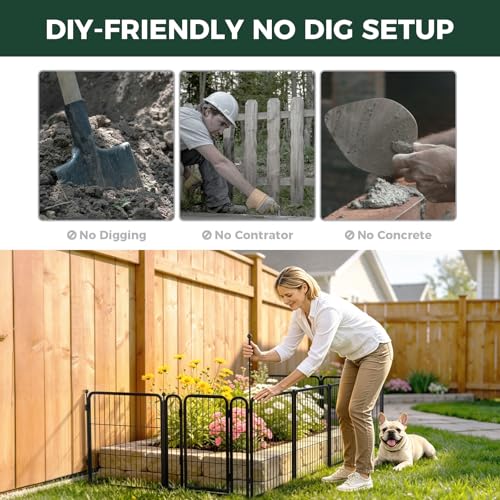 Image of FXW Garden Fence Outdoor for the Yard - 24in(H) x 15.2ft(L) Heavy Duty Metal Animal Barrier for Dog, No Dig Decorative Dog Fence with Fence-to-Wall Anchor (Pack of 4), 8 Panels, Black
