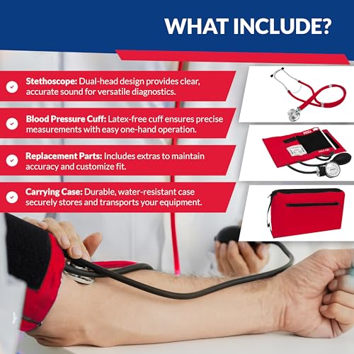 Image of Blood Pressure Monitor and Sprague Stethoscope Kit - 2-Pack, Adult Aneroid Sphygmomanometer with Dual-Head Stethoscope, Adjustable BP Cuff, Carrying Case & Accessories - Red