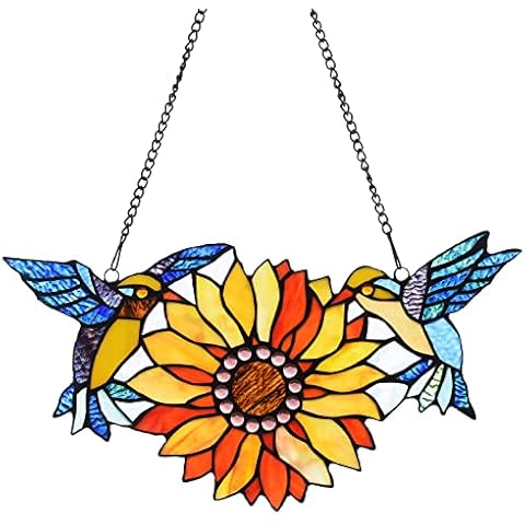 Capulina Buntglasplatte mit Sonnenblume und Kolibri, verschönert Zuhause und Büro, handgefertigte Farben, Sonnenfänger aus Buntglas, Fensterbehang mit Kette, abstrakter Kunststil (B 16,5 x H 8,5 cm) Cover