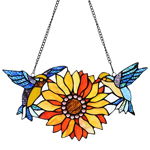 Capulina Buntglasplatte mit Sonnenblume und Kolibri, verschönert Zuhause und Büro, handgefertigte Farben, Sonnenfänger aus Buntglas, Fensterbehang mit Kette, abstrakter Kunststil (B 16,5 x H 8,5 cm) Cover