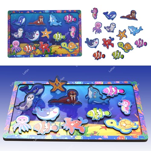Image of Lefan Wooden Magnetic Fishing Game for Kids Montessori Toddler Toy with 1 Magnetic Rod and Assorted Wooden Fish Fine Motor Skill Development Toy for Boys & Girls Ages 3 4 5 6 7+