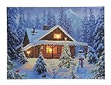 LED Bild Winterlandschaft Blockhütte Schneemann Leinwand Wandbild 28x38cm