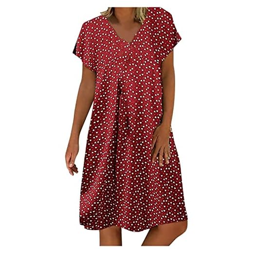 Robe Mi Longue Femme Manche Courte été Fluide Fleurie Ample Legere Midi Robe Femme Grande Taille Ete Col V Pas Cher Large a La Mode Casual Plage Vacances (Red, XXL)