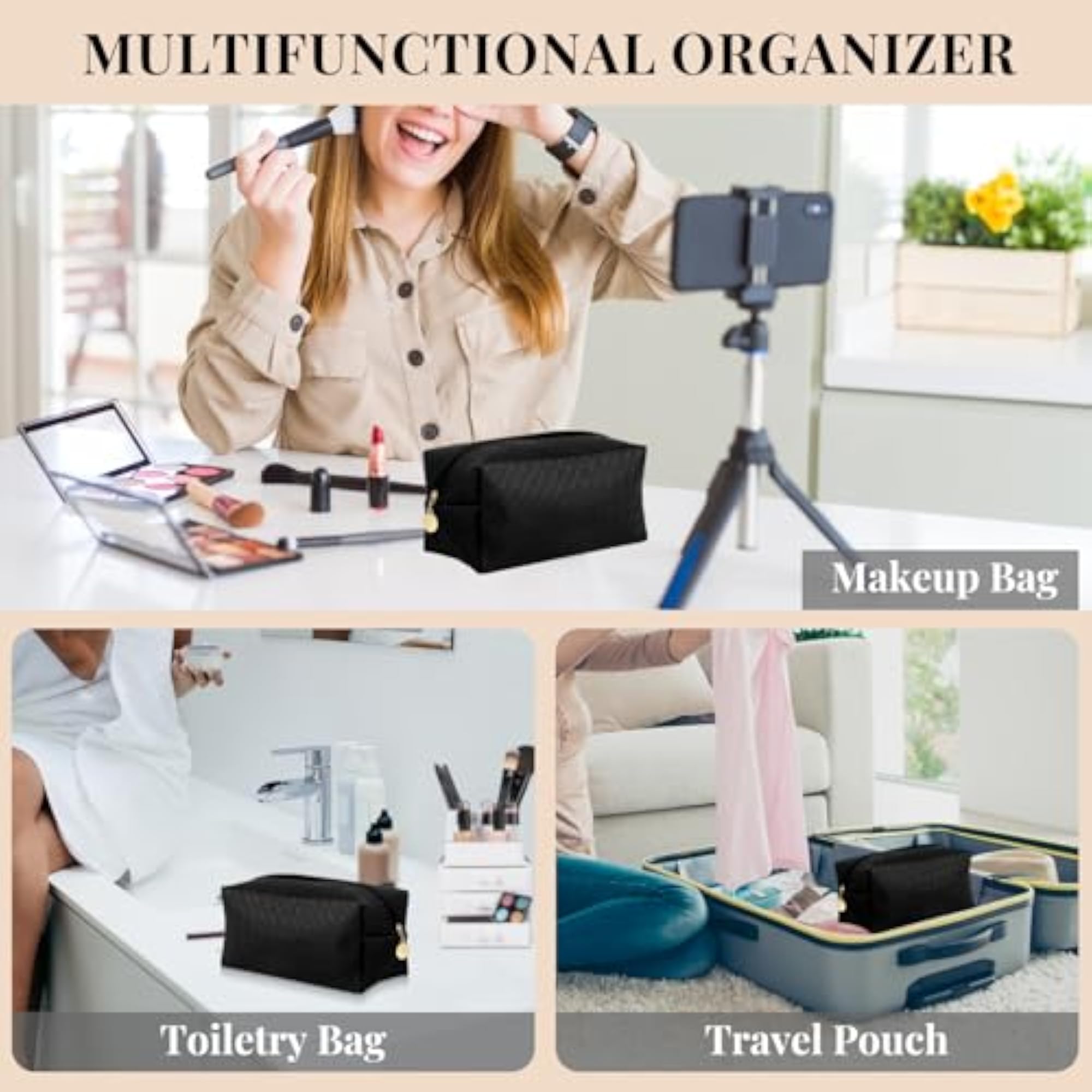 Travel Makeup Bag, Cosmetic Bag Organizer Case, Black