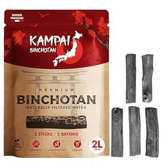 KAMPAI Charbon Actif Eau | Filtre jusqu'à 4.5L / Bâton | Binchotan Naturel | Purificateur Vegetal Bio Carafe filtrante - 6 Mois de Purification Eau du Robinet Bouteille Verre Gourde (5 Bâtons x 2L)