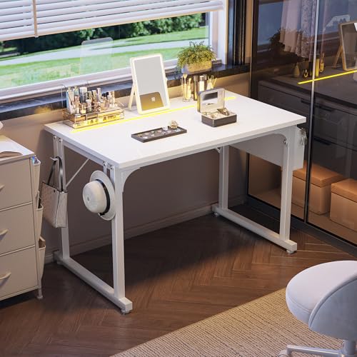 Image of DurayLoly 40 inch Computer Desk with Waterproof LED Lights,Bedroom Study Desk for Teens,Dorm Room Essentials,Headphone Hook&Storage Bag for Small Spaces,Sturdy Metal Frame,White