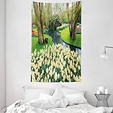 ABAKUHAUS Frühling Wandteppich, Blumengarten im Erholungspark mit frischem Grasfeld und Teich Naturszene, aus Weiches Mikrofaser Stoff Wand Dekoration Für Schlafzimmer, 140 x 230 cm, Grün und Braun