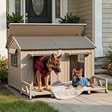 59" L Extra Large Dog House Outdoor for 2 Dogs, XL Wooden Dog House Pet Shelter Weatherproof with 2 Window, Openable Roof, All-Around Iron Frame, Removable Floor, Balcony for Large Small Dogs