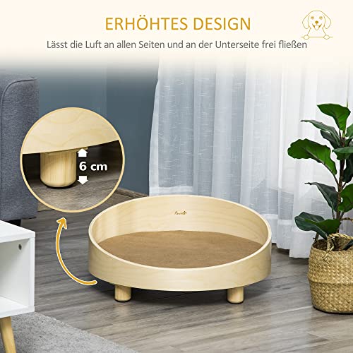 PawHut Hundesofa aus Ratten Erhöhtes Haustiersofa mit Kissen Katzensofa Hundebett Haustierbett Hundeschlafplatz für minimale Hunde waschbarer Bezug Holzbeine Natur+Hellbraun Ø59 x 23,5 cm