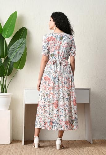 Image of Ichaa Women's Aqua Rayon Printed Maternity Dress with Feeding Zips and Pocket, in Plus Sizes